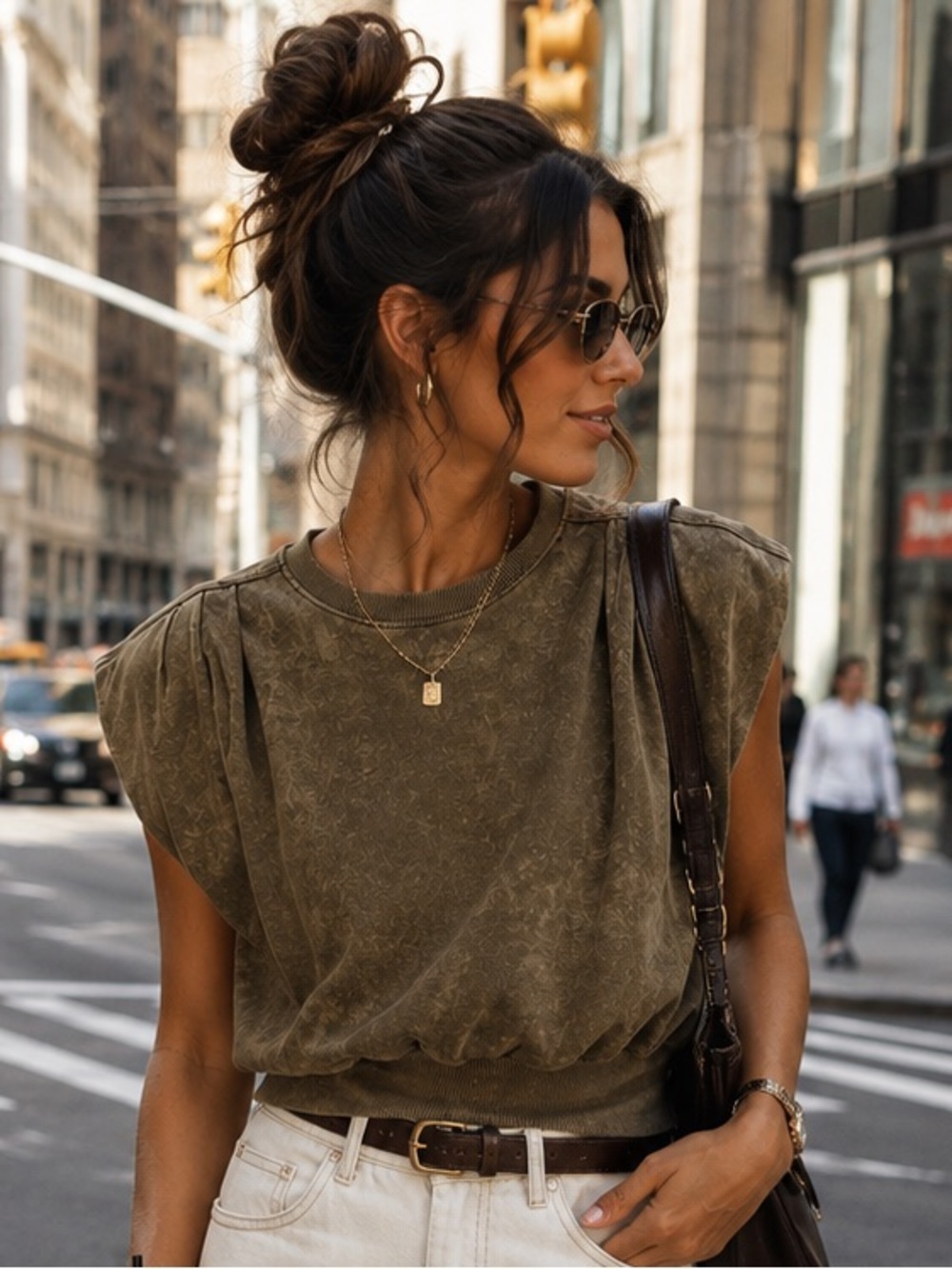 Zenana Outfitters Olive Puff Sleeve Short Sleeve Top